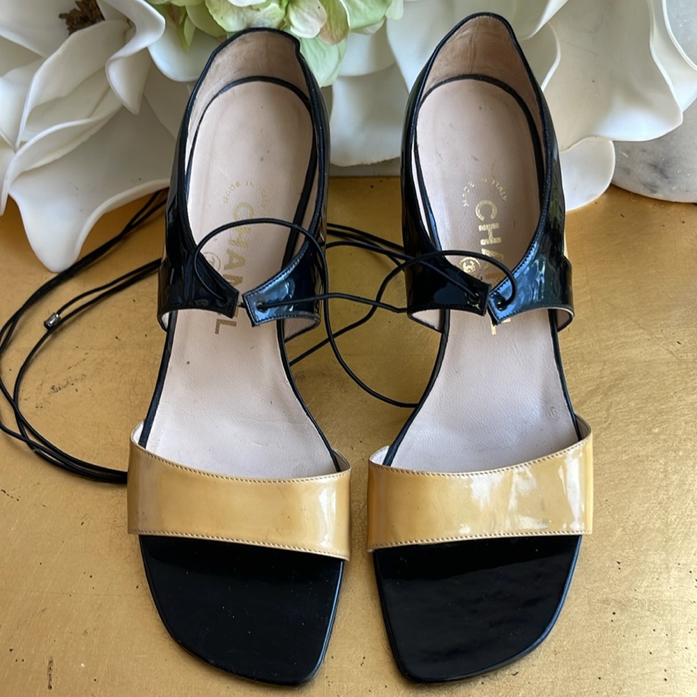 Chanel Heeled Sandals in Two Toned Patent Leather
